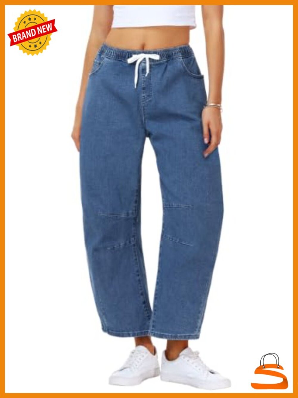 Barrel Jeans Drawstring Cropped Jean Denim Pants with Pockets